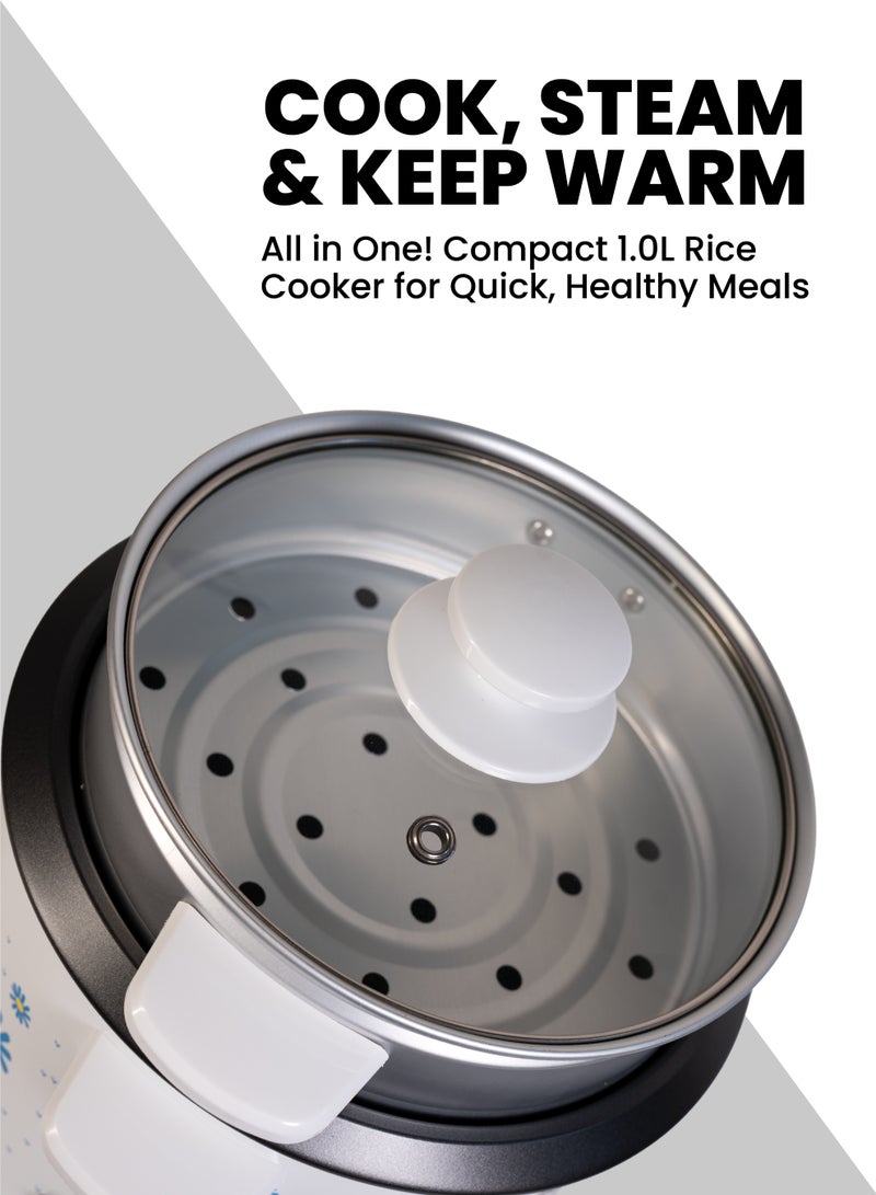 Team 1L Rice Cooker with Steamer – Non-Stick Pot, 400W Electric Cooker with Auto Warm Function, Compact Mini Rice Maker for Home,  Dorm & Travel – Includes Glass Lid & Steaming Tray – 220V - Image 3